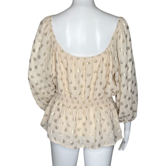Mi Ami Shirt Womens Large Cream Shimmer Polka Dots Peplum Boho Bohemian Casual - Picture 4 of 10